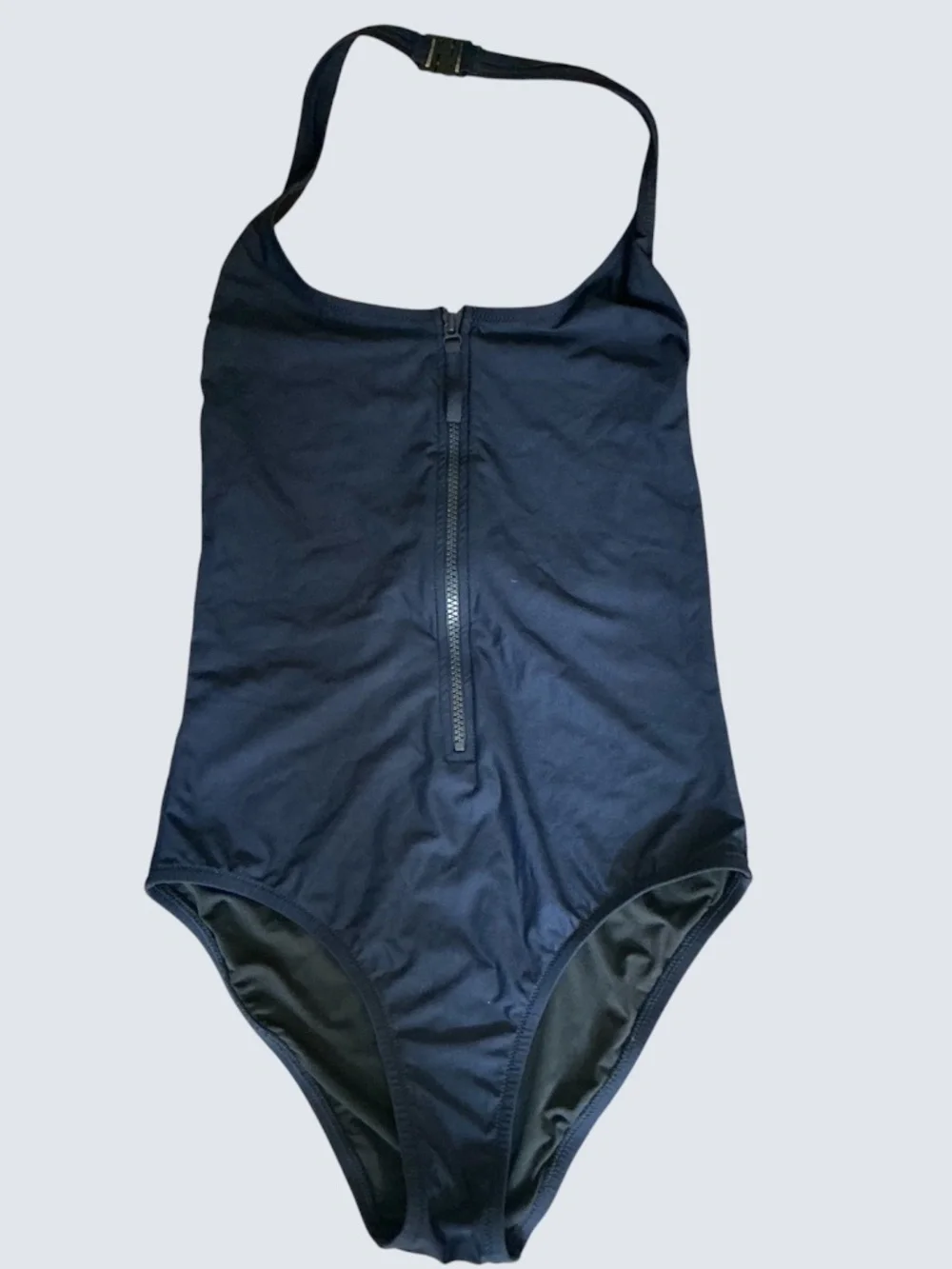 J Crew Zip Front Halter One Piece Tank Maillot Swimsuit Navy Blue SZ 6